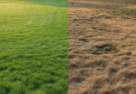 Two tone picture of grass, one green and the other brown.